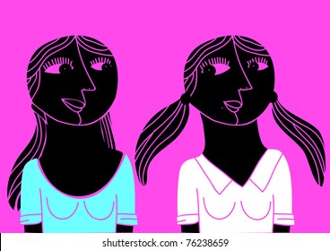 two girls comparing hairdo