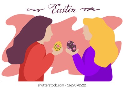 two girls congratulate each other with Easter. They hold decorated Easter eggs in their arms. Rustic pattern. Trendy flat style vector illustration. Isolated on white