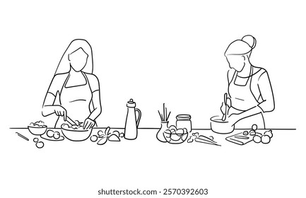 Two girls cooks at the same table
continuous line art drawing isolated on white background. Housewife preparing food. Vector illustration