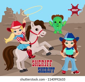 Two girls cowboys on a stony desert background. Vector illustration in the style of the wild west.