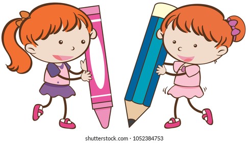 Two girls with crayon and pencil illustration