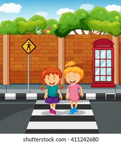 Two girls crossing the road illustration