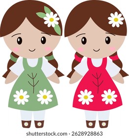 two girls with daisies in a green and pink dress