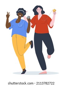 Two girls dance to music in headphones. Player in hand. Isolated, on a white background. Flat vector.