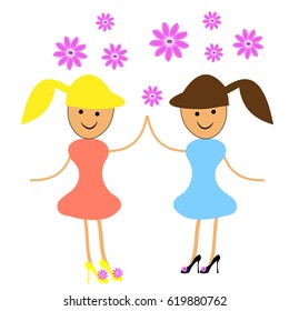 Two girls dancing with flowers. Vector illustartion.