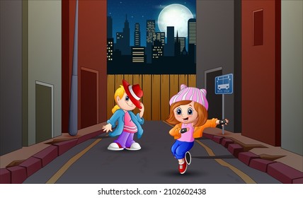 Two girls dancing on the road illustration