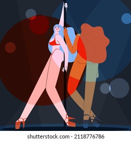 Two girls are dancing on the stage at the pylon in underwear. Night club, lights and spotlights. Vector illustration.