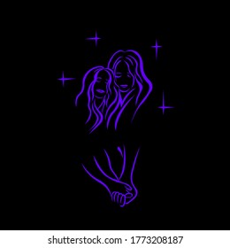 Two girls are dancing a slow dance. Hand in hand. Vector illustration.