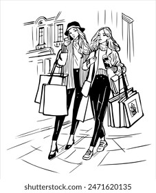 Two Girls Day Shopping Sale Contour Drawing .Hand-drawn vector illustration.