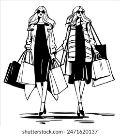 Two Girls Day Shopping Sale Contour Drawing .Hand-drawn vector illustration.