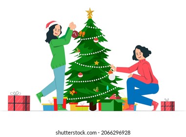Two girls are decorating Christmas tree together, illustration concept.