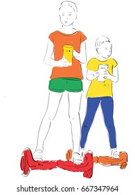 Two girls of different ages stand on gyroscope with a can of popcorn