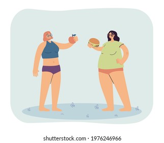 Two girls with different body shapes and diets. Athletic female character holding apple, overweight woman with burger flat vector illustration. Healthy lifestyle concept for banner, website design