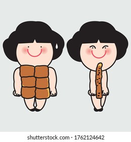 Two Girls With Different Bread Shaped Body. Concept Of You Are What You Eat Card Character illustration