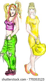 Two girls in different clothes styles: teenager and casual classic