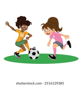 Dos chicas de diferentes etnias jugando en un juego de futbol. niños jugando pelota, Ilustración vectorial.