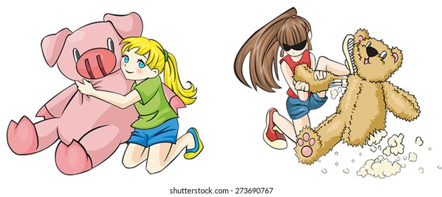 Two girls with a different expression to their dolls. One treats it with love, another one destroy it with aggression with diversity concept. Create by vector.