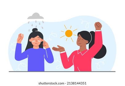 Two girls in different mood. Emotions, sadness and joy. Depression and happiness. Society and different approach to life. Social media stickers, poster or banner. Cartoon flat vector illustration