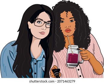 two girls of different nationalities drink and take selfies. vector. eps	