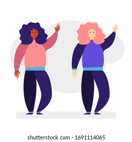 Two girls of different races wave friendly hand, vector. Women in flat style. Vector.