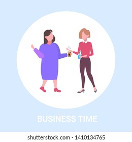 two girls discussing during meeting holding coffee cup and water glass break for drink at work business time communication concept flat full length vector illustration
