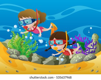 Two girls diving under the ocean illustration