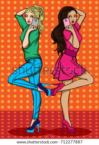 Two girls do selfie. Pop art illustration.