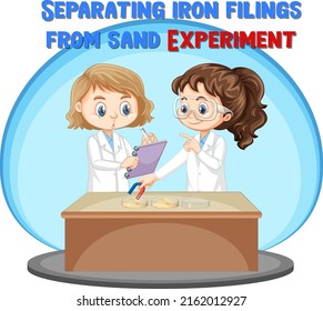 Two girls doing experiment with iron filings illustration