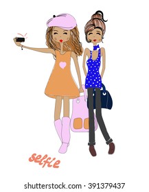 Two girls doing selfie. Vector, illustration