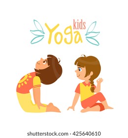 Two Girls Doing Yoga Asana Bright Color Cartoon Childish Style Flat Vector Drawing On White Background
