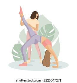 Two girls doing yoga exercises. Yoga poster with leaves on background	