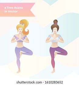 Two girls doing yoga. Yoga Pose - The Tree Asana. Vector illustration of two female figures on Yoga classes.