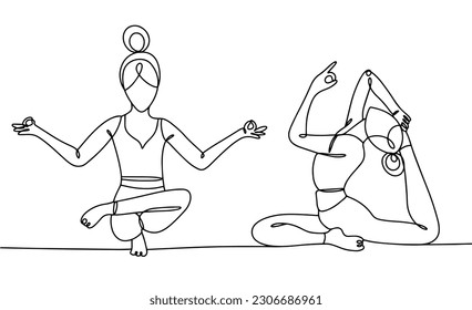 Two girls are doing yoga. Stretching the body and relaxing the muscles. One line drawing for different uses. Vector illustration.