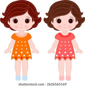 two girls dolls in pink and orange dress without background