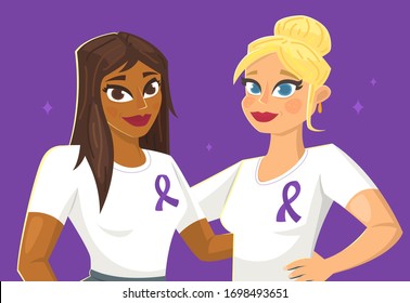 Two girls in domestic violence prevention month promotion t-shirts with purple ribbons. Vector illustration