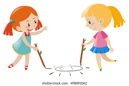 Two girls drawing sun on floor
