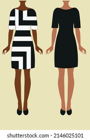 Two girls in a dress. One girl in a dress with abstract black and white stripes. Another girl in a black little dress. Fashion for women. Handmade brush. Digital vector illustration. Advertising. 