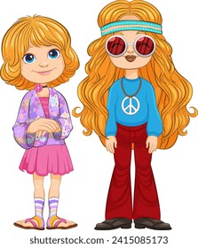 Two girls dressed in colorful retro outfits.