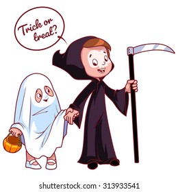 Two girls dressed for Halloween as a ghost  and death. Vector illustration on a white background.