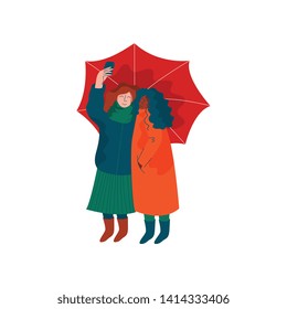 Two Girls Dressed in Seasonal Clothes Walking under Umbrella, Spring Season Outdoor Activities Vector Illustration