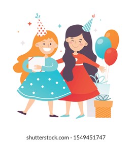Two girls in dresses and party hats. Vector illustration.