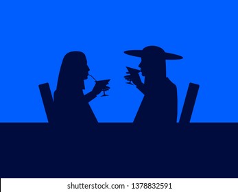 Two girls drink cocktails. Women's contours with glasses. Vector illustration