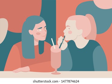 two girls drink milkshake popart