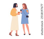 Two girls drink takeaway coffee from cups while walking around city, friends talking vector illustration