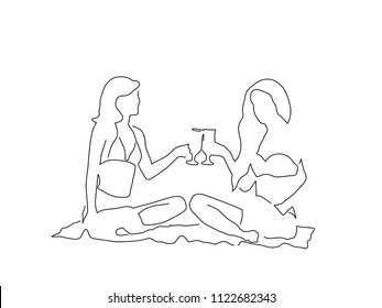 Two girls drinking a cocktail line drawing, vector illustration design. Holidays collection.