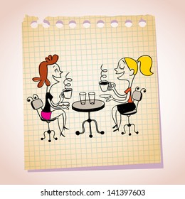 two girls drinking coffee note paper cartoon illustration