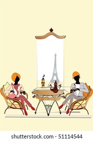 Two girls drinking coffee in a Parisian cafe