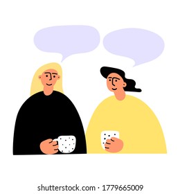 Two girls drinking coffee and talking. Hand drawn illustration on white background.