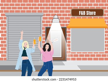 Zwei Mädchen trinken Getränke vor einem Supermarkt. Flachstil, Flachgrafik