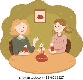 Two girls drinking tea. Two young women drink tea and talk while sitting at the table. Cozy flat style vector illustration